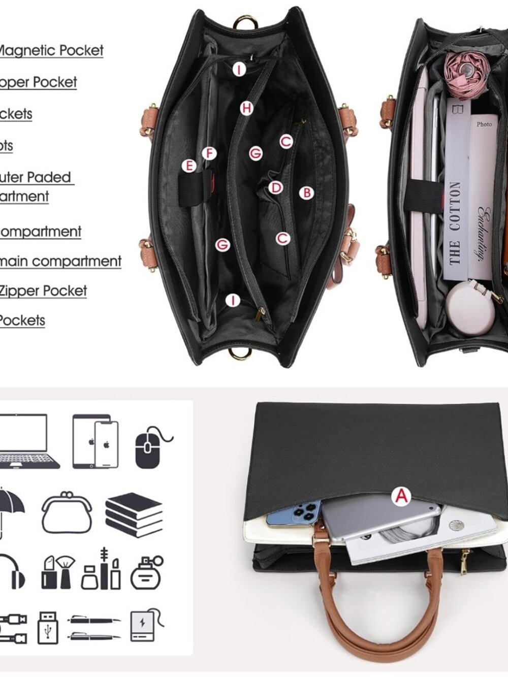 Laptop Bag for Women 15.6 Inch PU Leather Tote Bag Professional Business Office - Picture 6 of 7